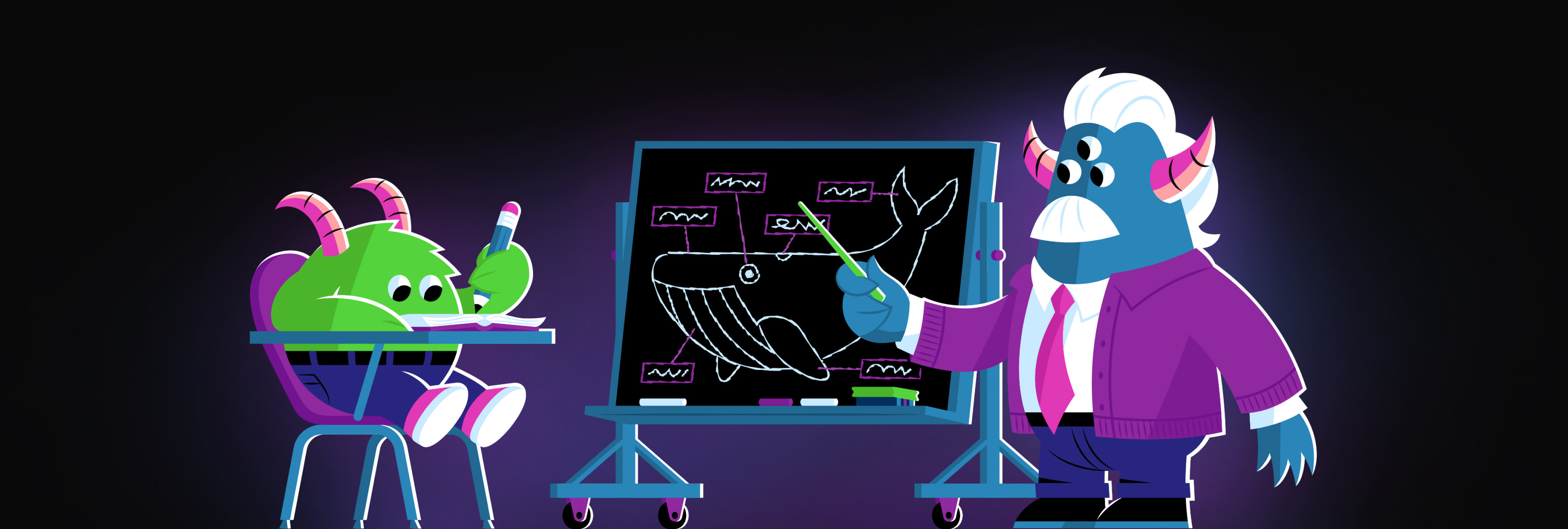 Monster teaching a student at a chalkboard