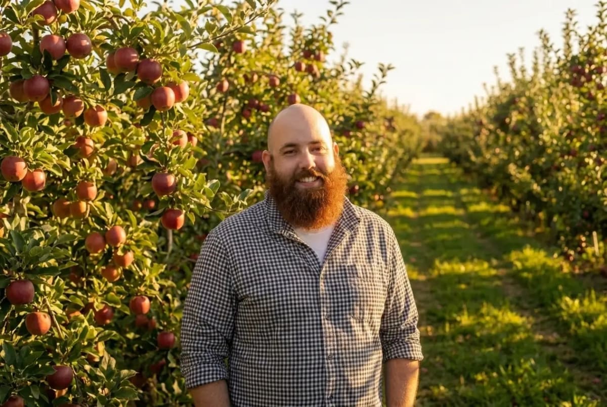 Dave Petheram, Senior Operations Technology Manager at Schuyler Farms, in an apple orchard in Norfolk County, Ontario