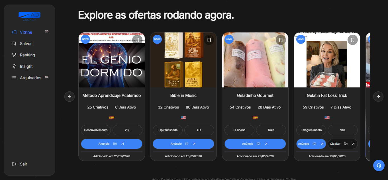 Painel da plataforma AdEscala mostrando anúncios curados do Meta Ads