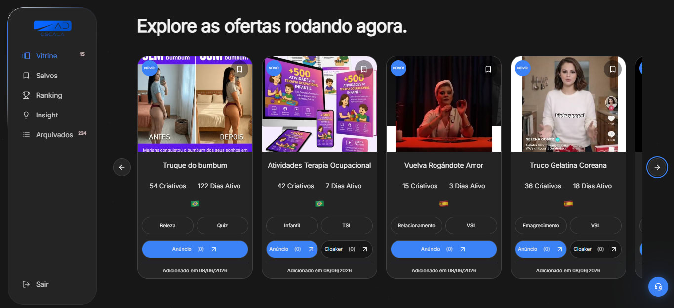 Painel da plataforma AdEscala mostrando anúncios curados do Meta Ads
