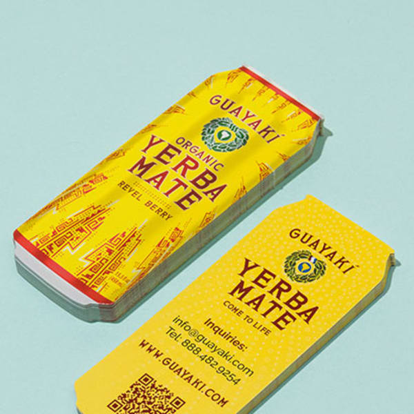 Can shaped Guayaki business cards