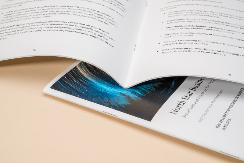 Open saddle-stitched manual on top of closed booklet