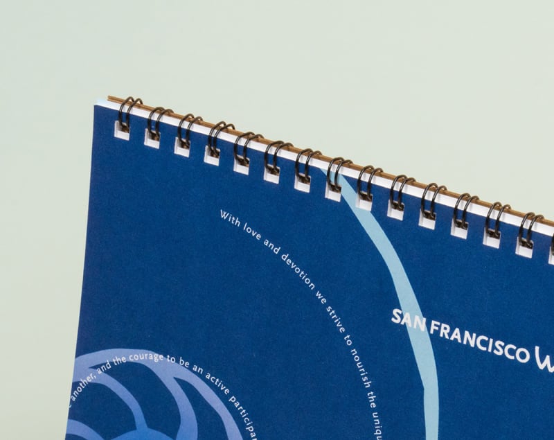 Close up of Wire-O spine on blue calendar