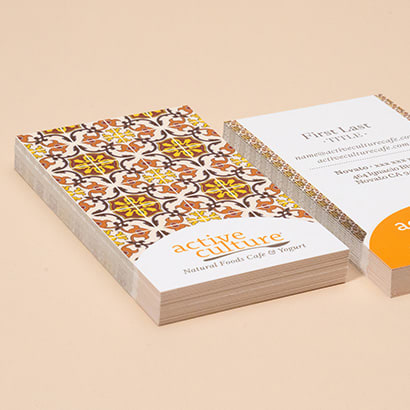Two stacks of Active Culture business cards