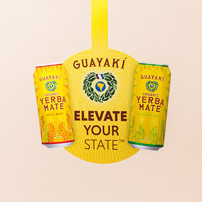 Guayaki shelf talker on pink background
