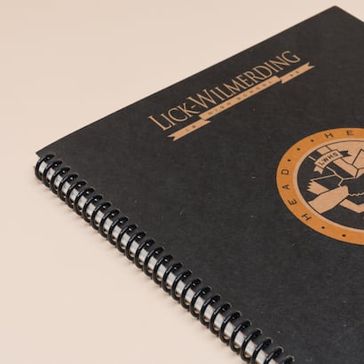 Closeup of spiral binding on a black planner