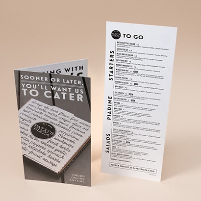 Paxti's Pizza to go menu and catering brochure