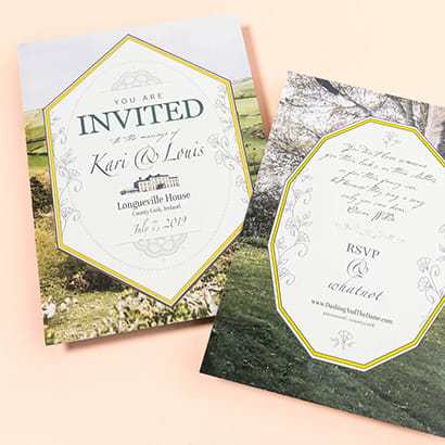 Front and back of flat wedding invitation