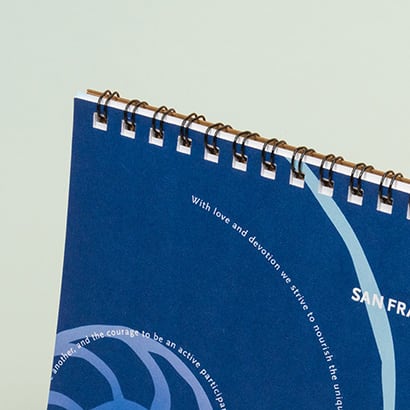 Close up of Wire-O spine on blue calendar