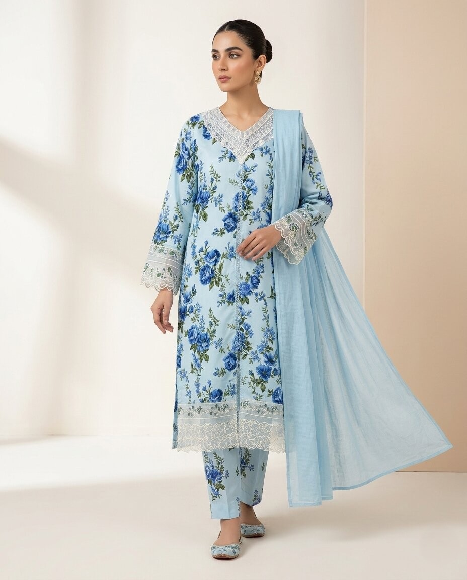 Sky Blue Floral Grace - Printed 3 Piece Lawn Suit