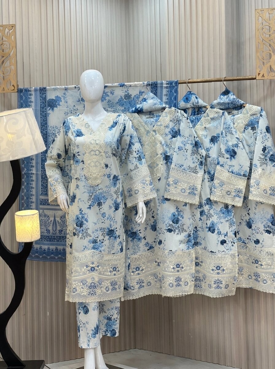 Blue Blossom Breeze - Printed 3 Piece Lawn Suit