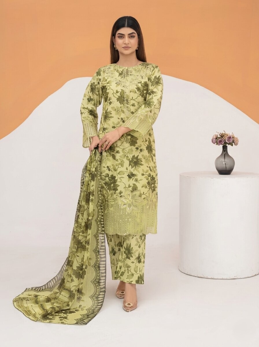 Olive Green Patched Printed 3 Piece Lawn Suit