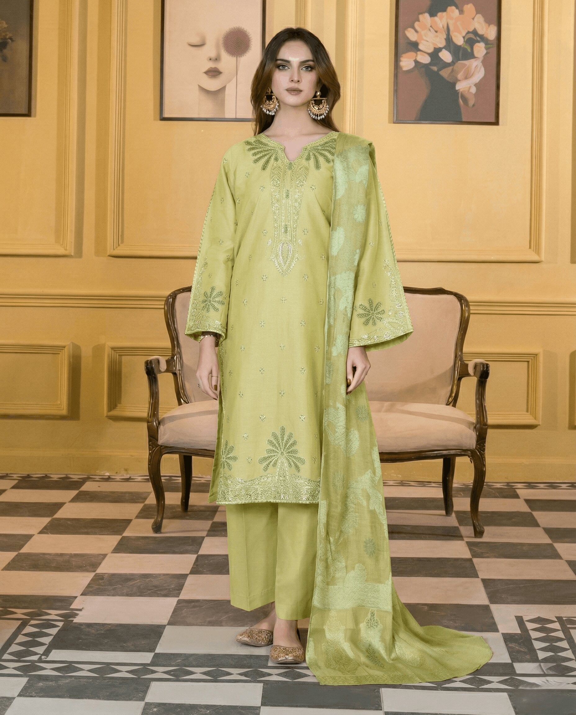 Lime Glow Elegance - Embroidered 3 Piece Lawn Suit