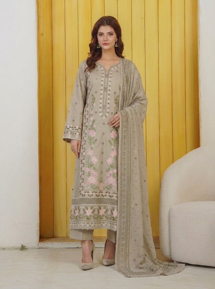 Olive Mist Floral - Embroidered 3 Piece Lawn Suit
