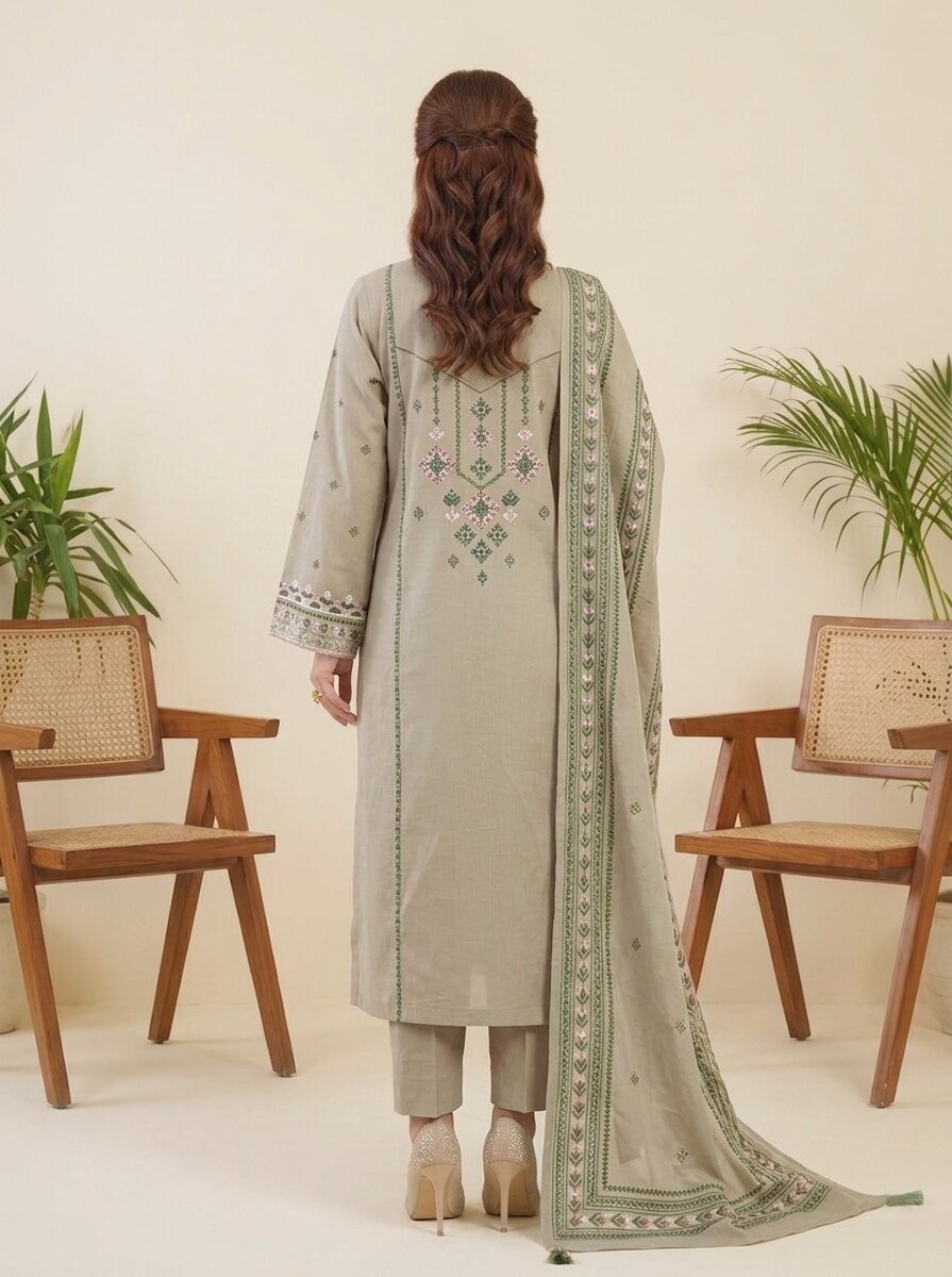 Olive Mist Floral - Embroidered 3 Piece Lawn Suit 2