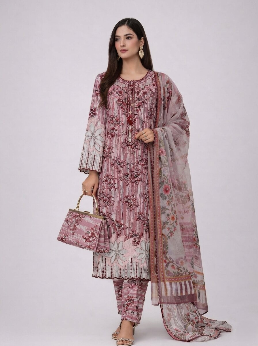 Dusty Rose Floral Embroidered 3 Piece Lawn Suit