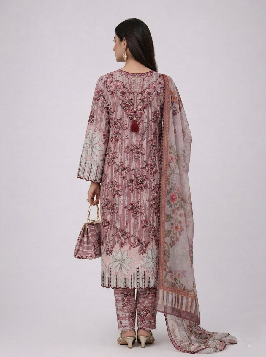 Dusty Rose Floral Embroidered 3 Piece Lawn Suit 2