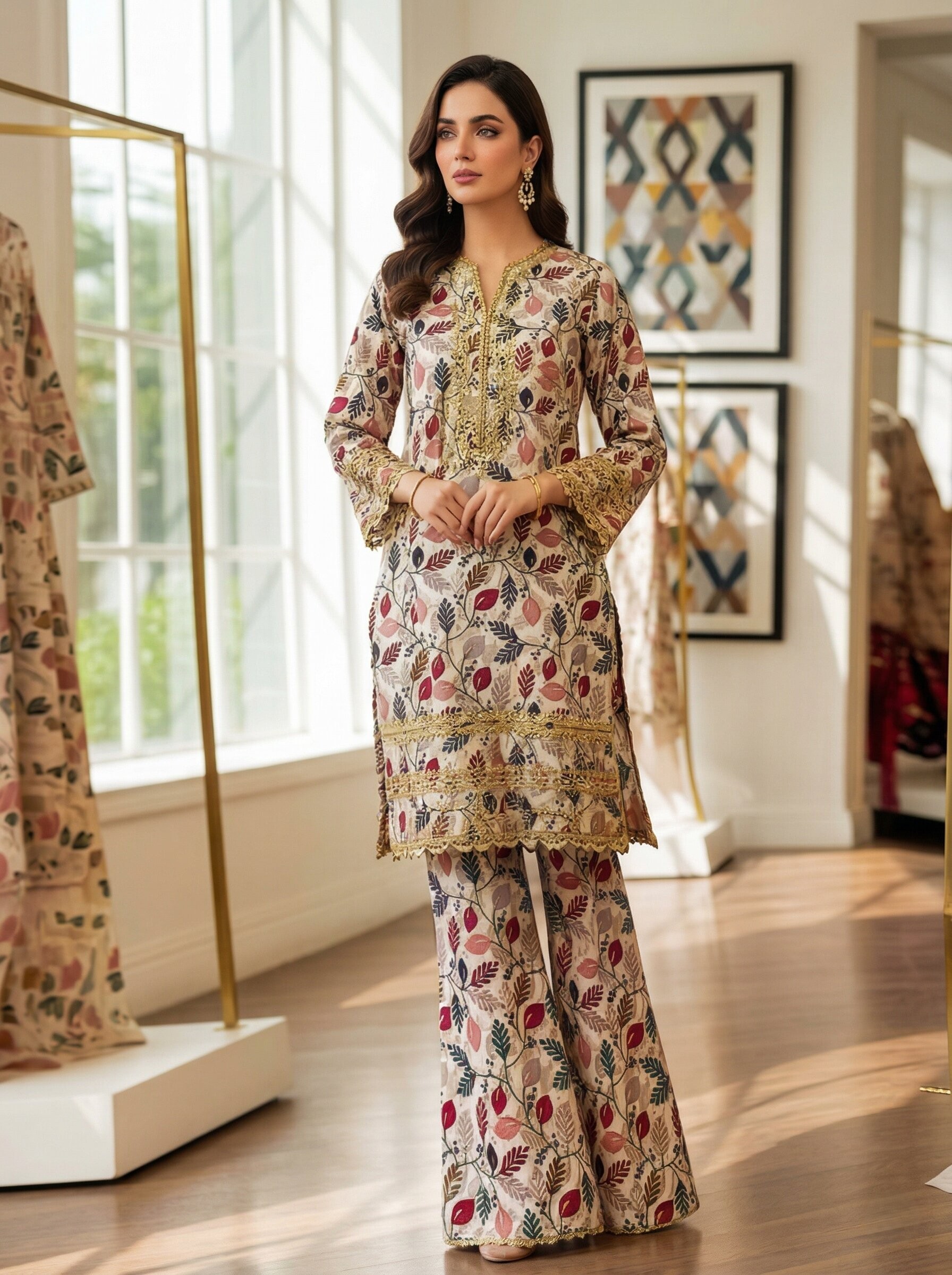 Beige Leaf Print 2 Piece Unstitched Lawn Suit – Summer Collection