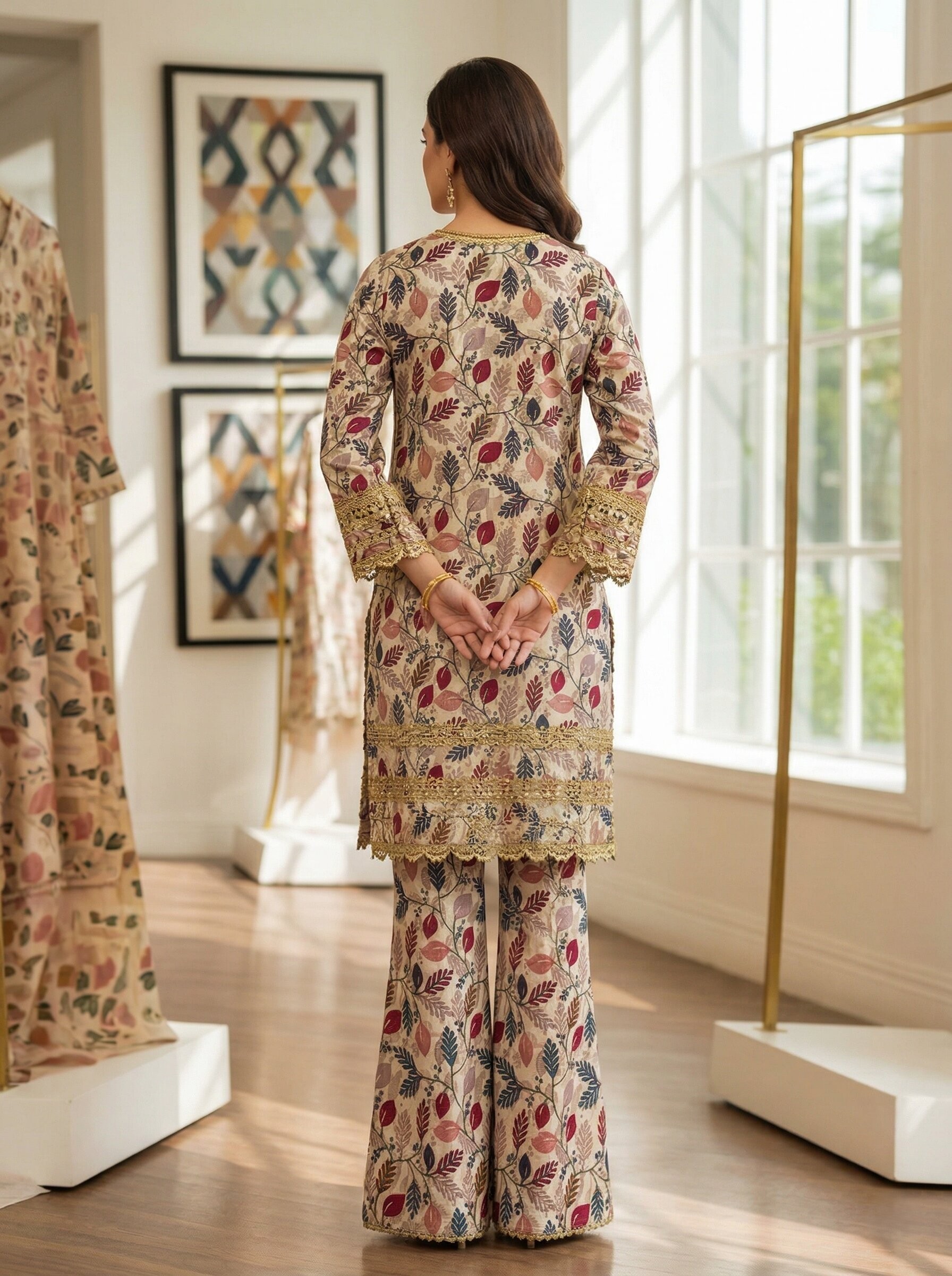 Beige Leaf Print 2 Piece Unstitched Lawn Suit – Summer Collection 2