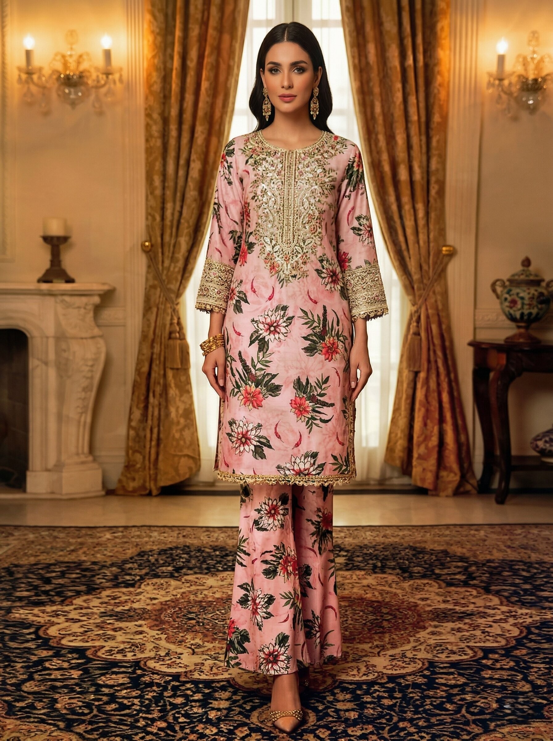 Blush Pink Floral 2 Piece Unstitched Lawn Suit – Elegant Summer Collection | Aabroowear