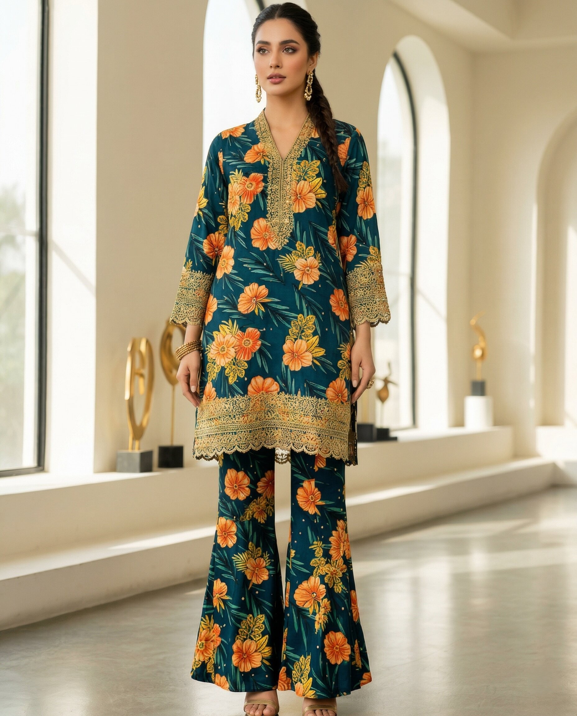Teal Green Floral 2 Piece Unstitched Lawn Suit – Premium Summer Collection