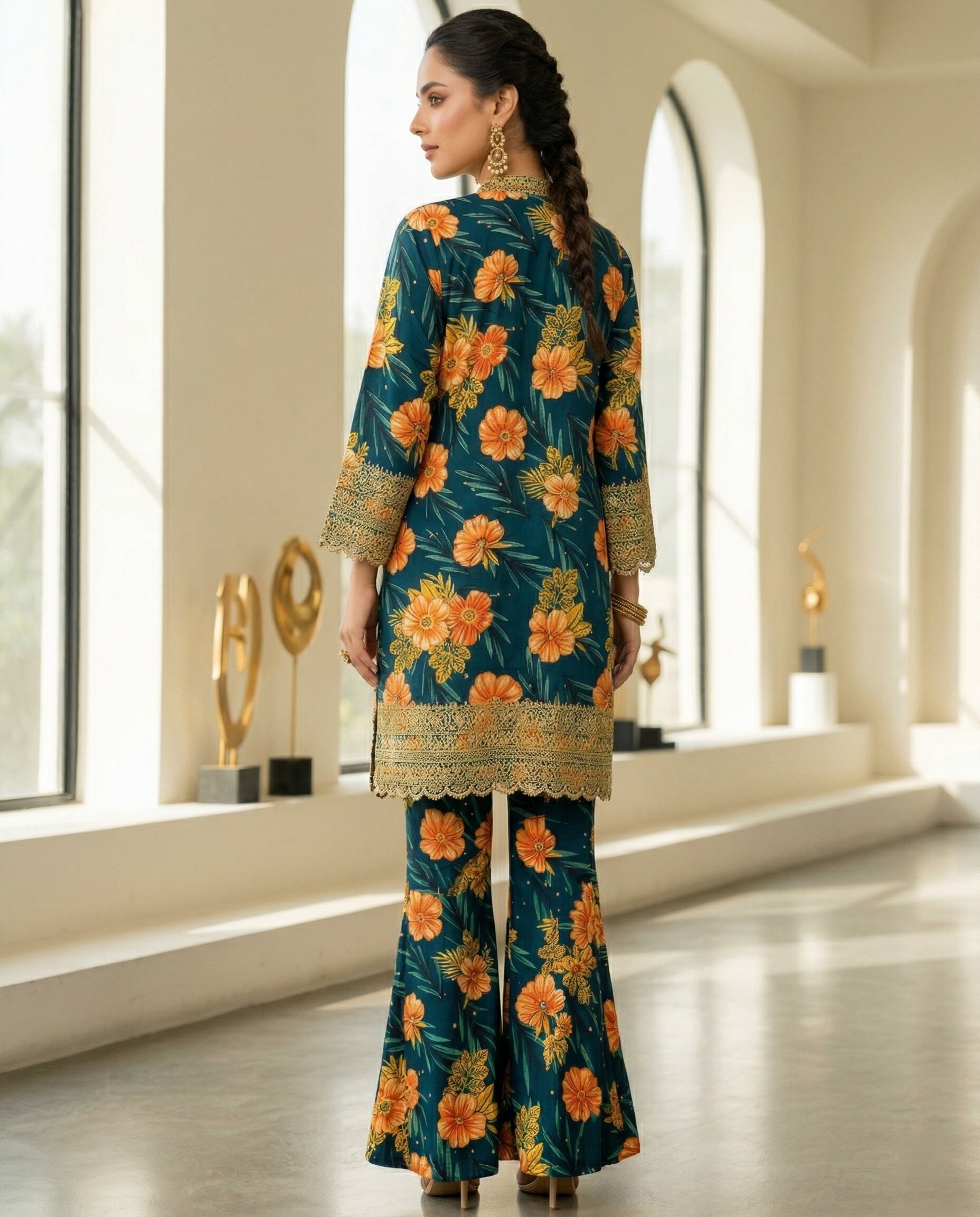 Teal Green Floral 2 Piece Unstitched Lawn Suit – Premium Summer Collection 2