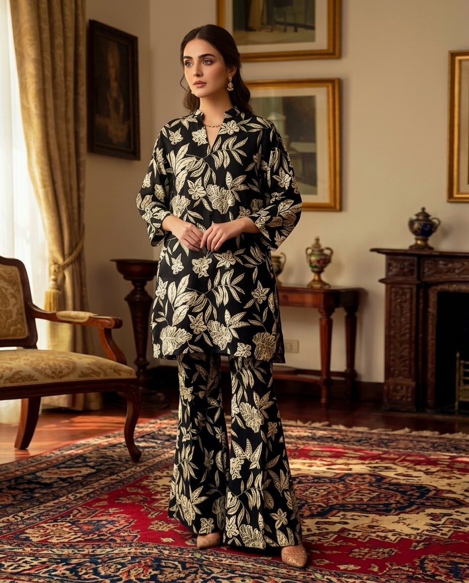 Black Floral 2 Piece Unstitched Lawn Suit – Premium Summer Collection