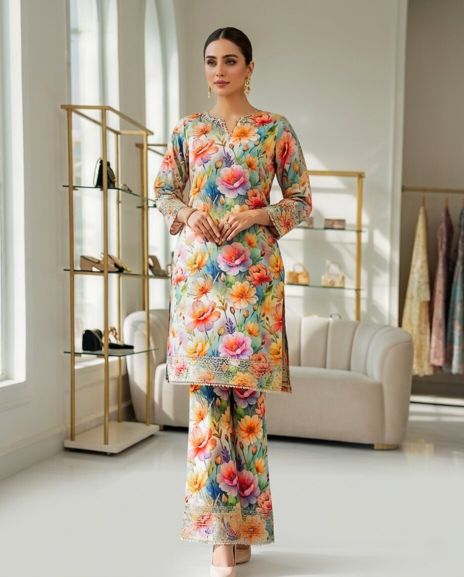 Ivory Floral 2 Piece Unstitched Lawn Suit – Elegant Summer Collection