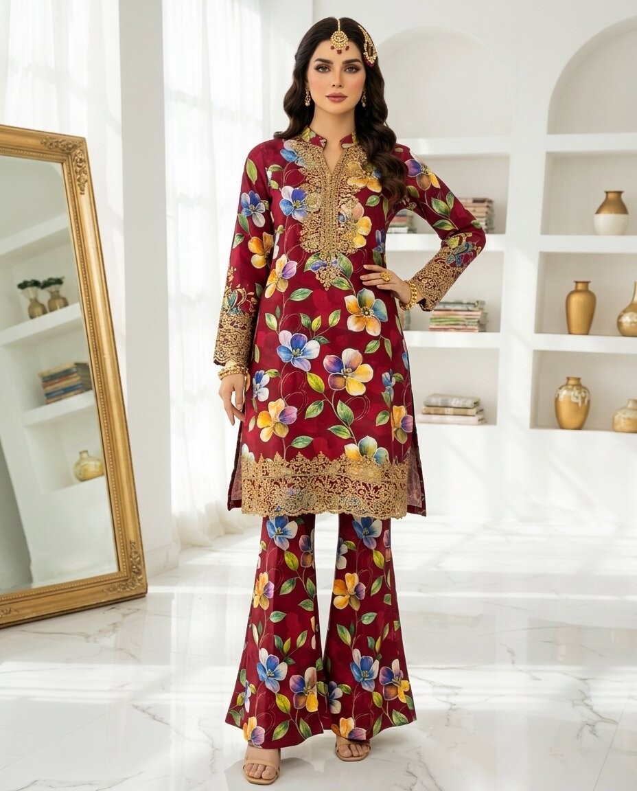 Maroon Floral 2 Piece Unstitched Lawn Suit – Festive Luxury Collection
