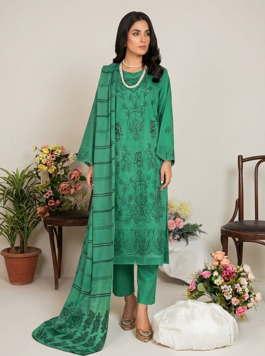 Emerald Green Embroidered 3 Piece Lawn Unstitched Suit – Premium Collection | Aabroowear
