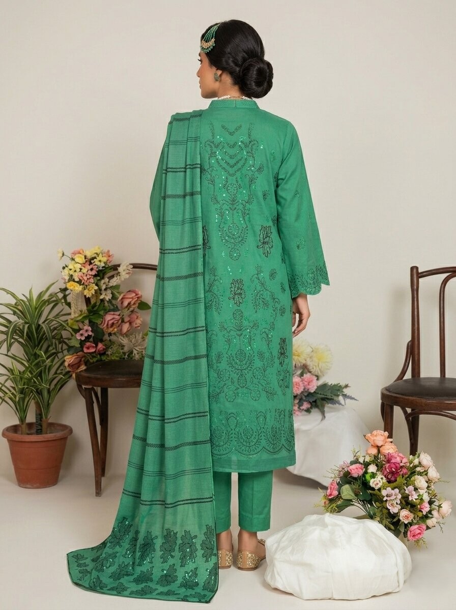 Emerald Green Embroidered 3 Piece Lawn Unstitched Suit – Premium Collection | Aabroowear 2