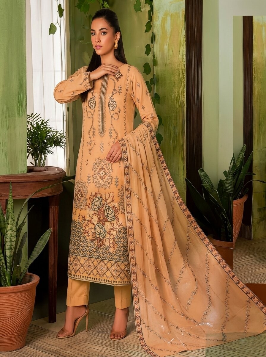 Peach Embroidered 3 Piece Lawn Unstitched Suit – Festive Premium Collection | Aabroowear