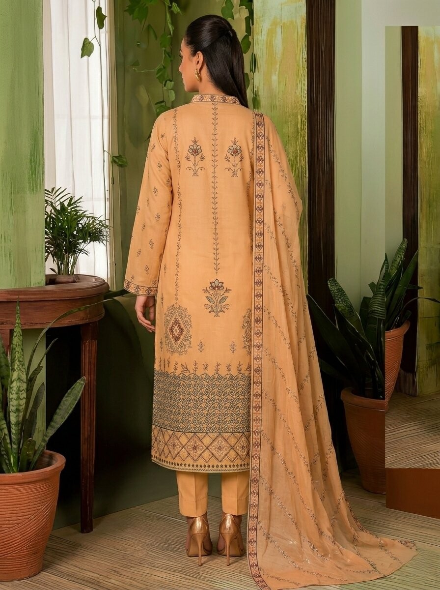 Peach Embroidered 3 Piece Lawn Unstitched Suit – Festive Premium Collection | Aabroowear 2