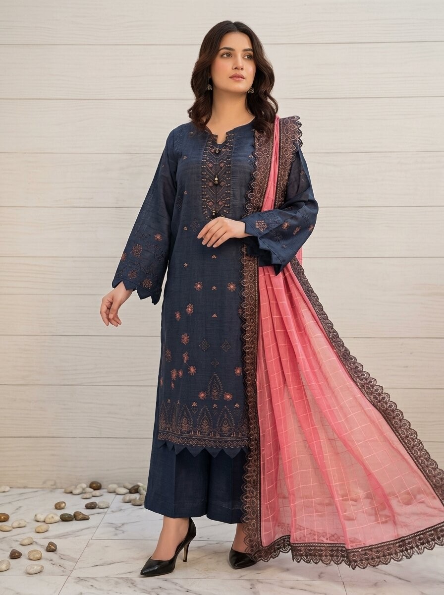 Navy Blue Embroidered 3 Piece Lawn Unstitched Suit – Luxury Summer Collection | Aabroowear