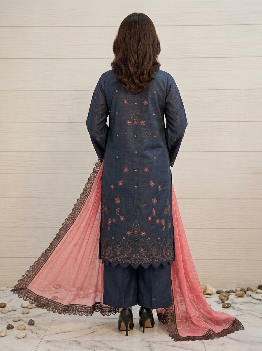 Navy Blue Embroidered 3 Piece Lawn Unstitched Suit – Luxury Summer Collection | Aabroowear 2