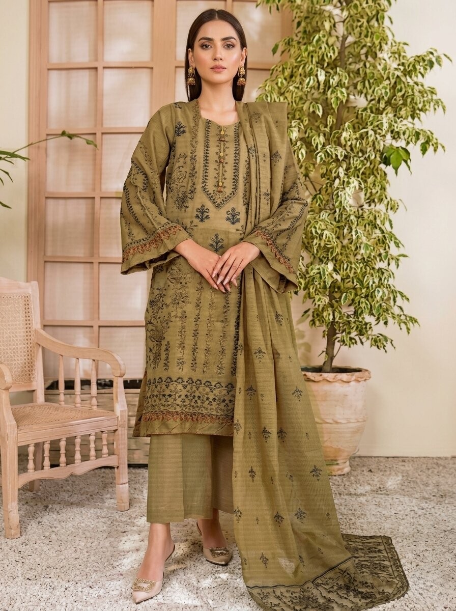 Olive Drab Embroidered 3 Piece Lawn Unstitched Suit – Classic Premium Collection | Aabroowear