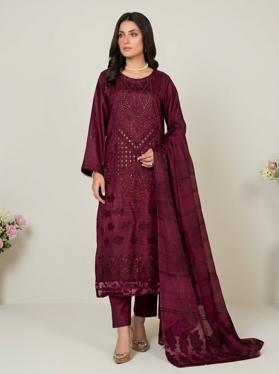 Deep Maroon Embroidered 3 Piece Lawn Unstitched Suit – Elegant Premium Collection | Aabroowear