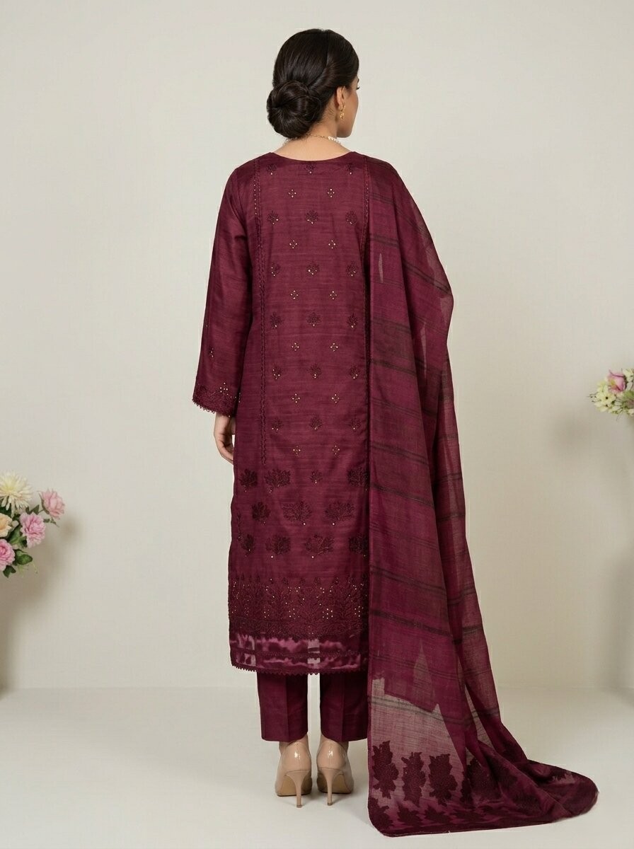 Deep Maroon Embroidered 3 Piece Lawn Unstitched Suit – Elegant Premium Collection | Aabroowear 2