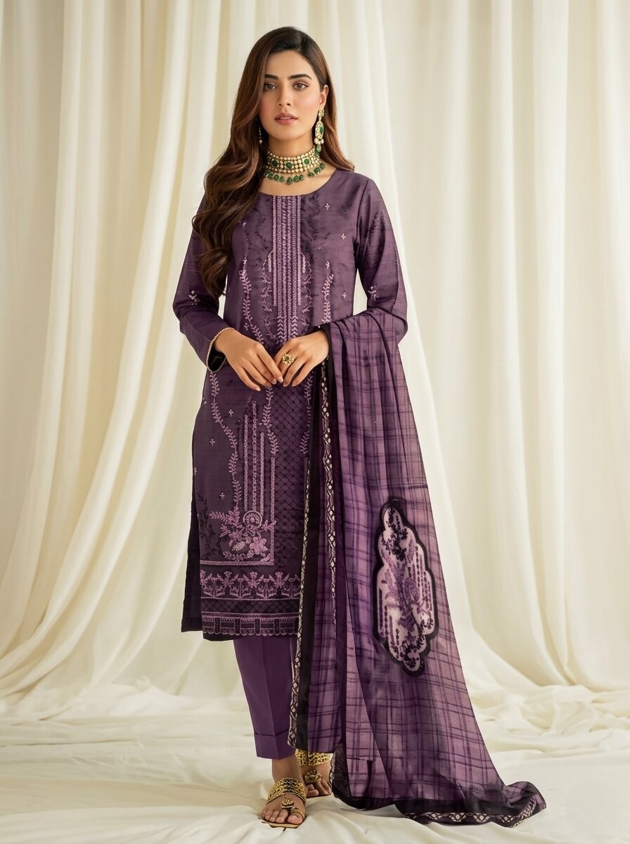 Dusty Mauve Embroidered 3 Piece Lawn Unstitched Suit – Modern Premium Collection | Aabroowear