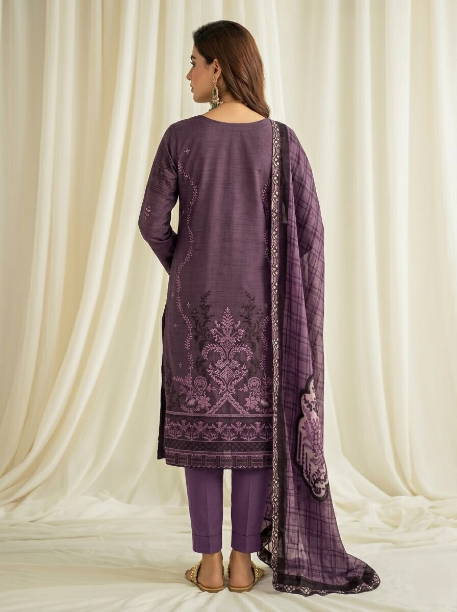 Dusty Mauve Embroidered 3 Piece Lawn Unstitched Suit – Modern Premium Collection | Aabroowear 2