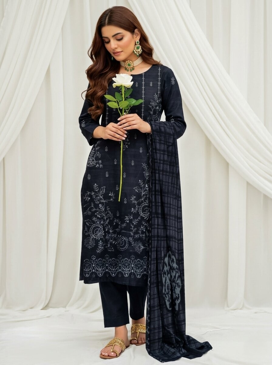 Black Embroidered 3 Piece Lawn Unstitched Suit – Minimal Luxury Collection | Aabroowear