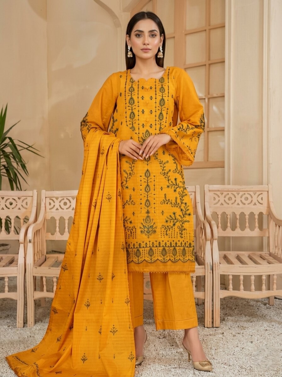 Mustard Yellow Embroidered 3 Piece Lawn Unstitched Suit – Festive Summer Collection | Aabroowear