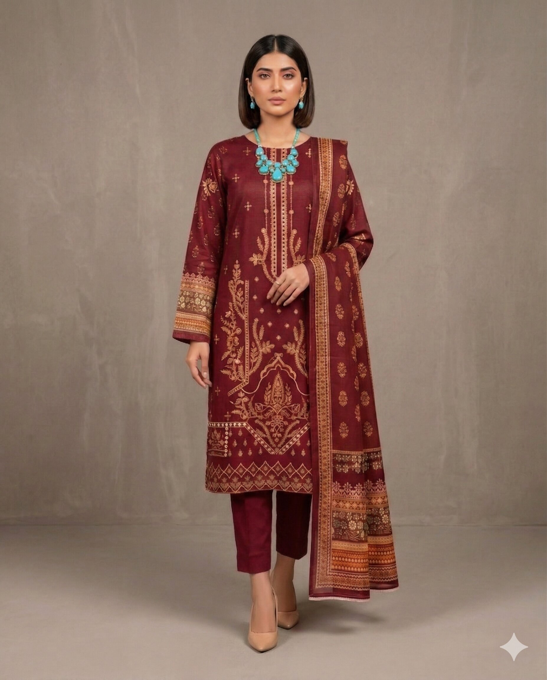 Maroon Heavy Embroidered 3 Piece Lawn Unstitched Suit – Festive Luxury Collection | Aabroowear