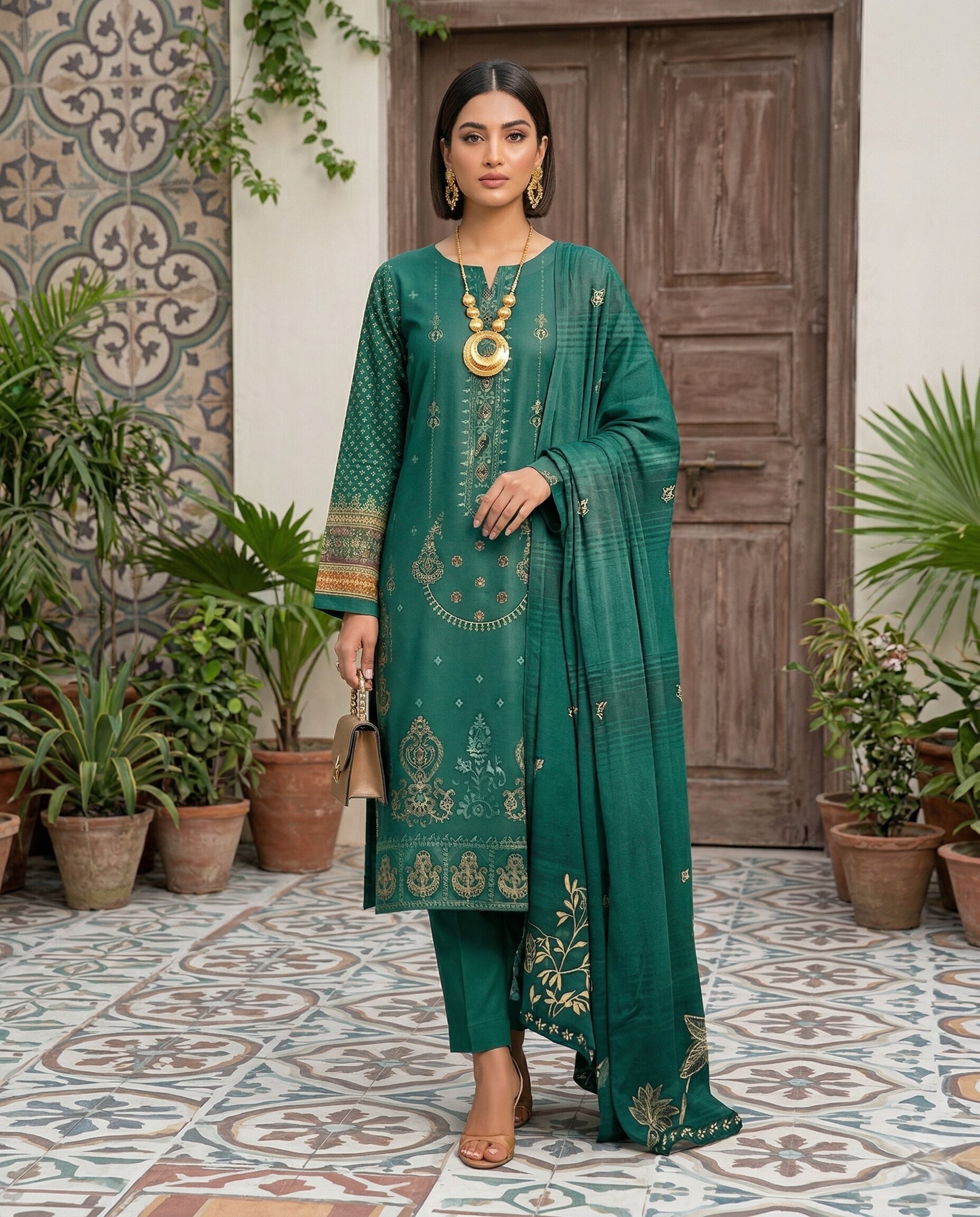 Emerald Green Embroidered 3 Piece Lawn Unstitched Suit