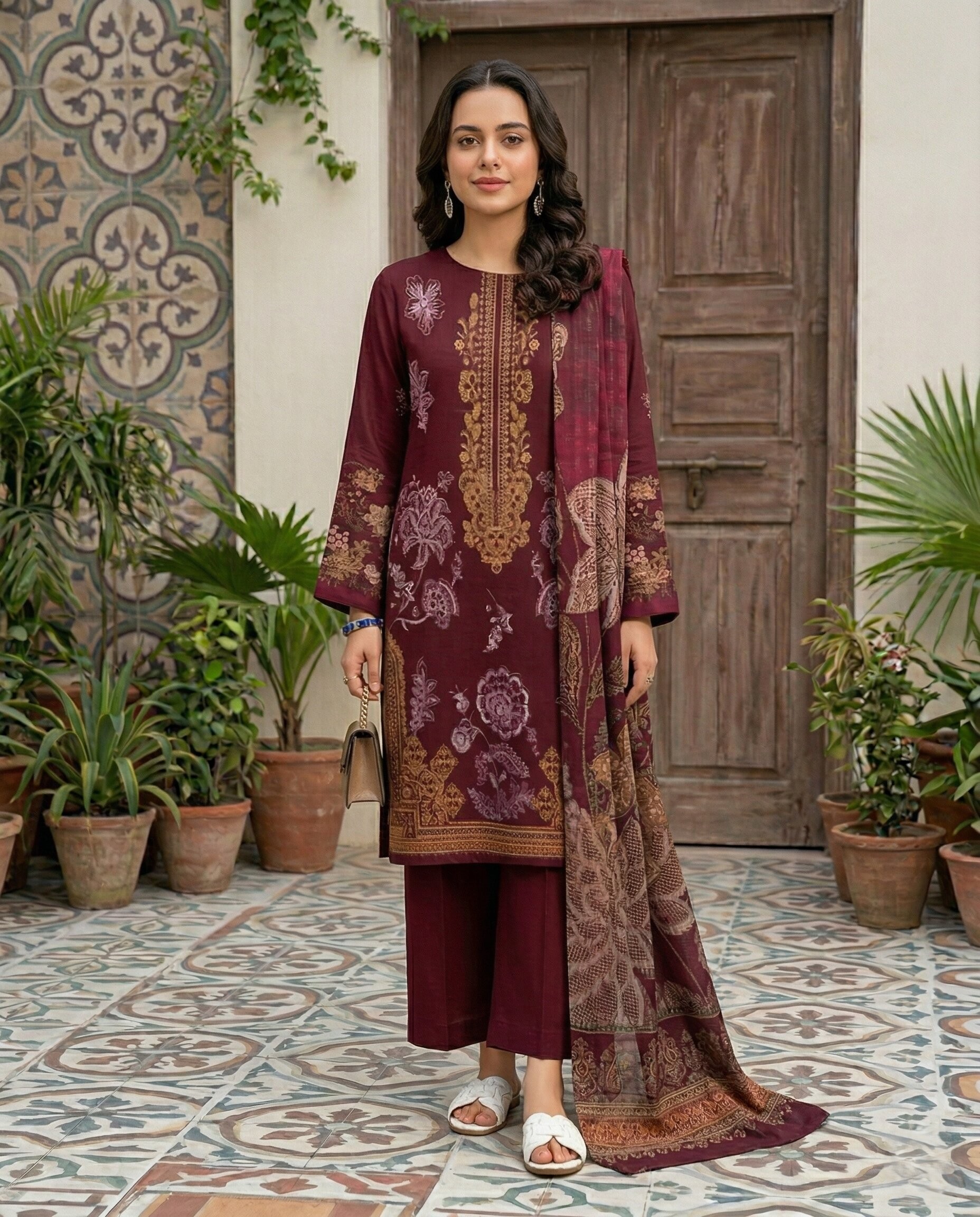 Maroon Printed 3 Piece Lawn Unstitched Suit – Everyday Wear Collection