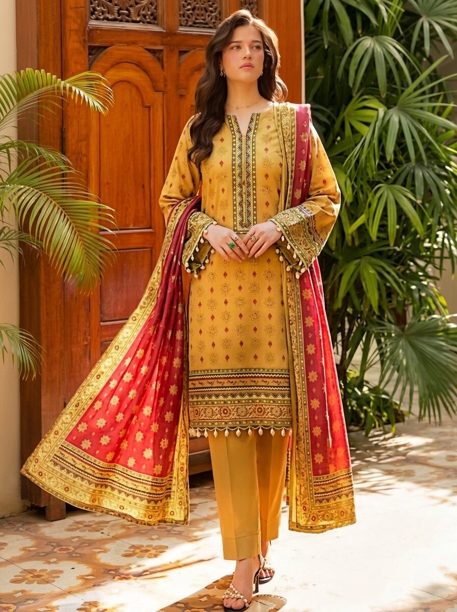 Mustard Printed 3 Piece Lawn Unstitched Suit with Red Dupatta – Daily Wear Collection