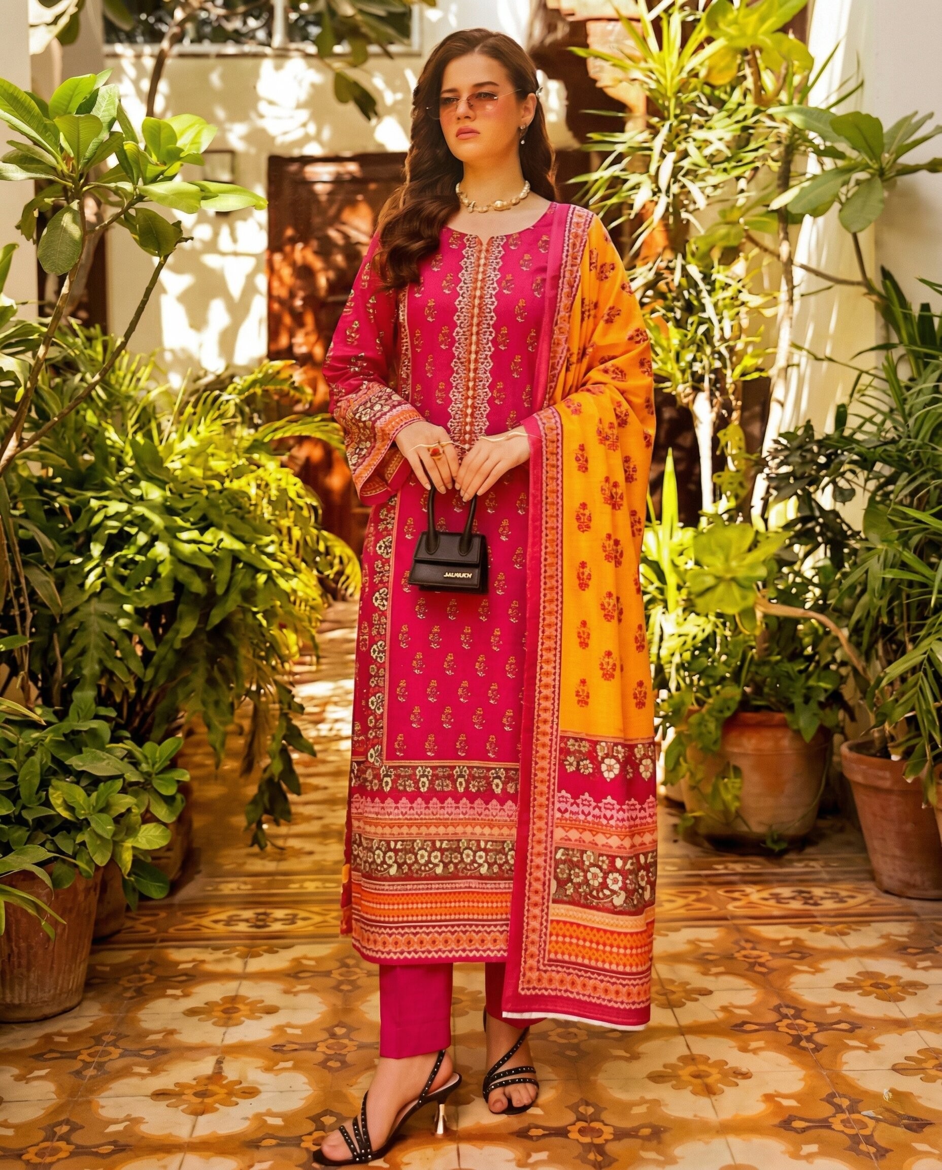 Magenta & Mustard Printed 3 Piece Lawn Unstitched Suit – Vibrant Daily Wear Collection | Aabroowear