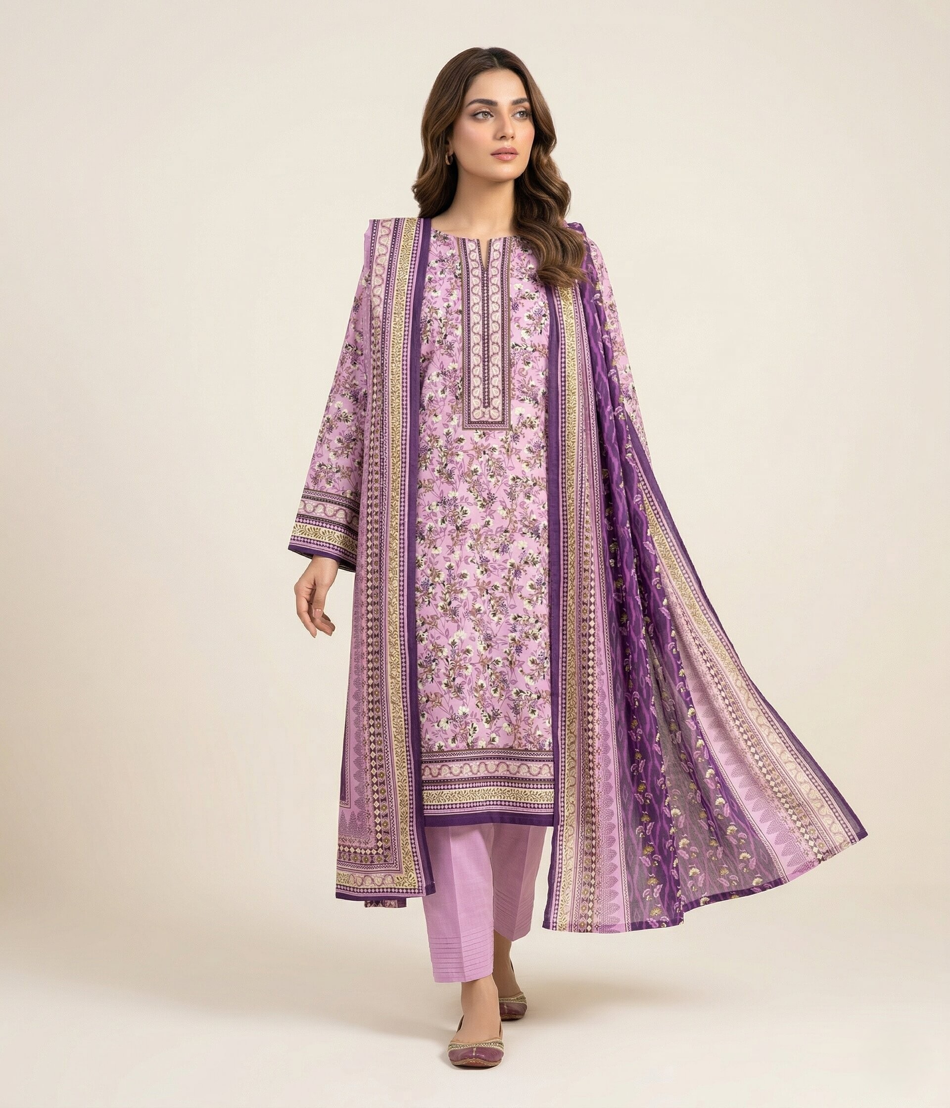 Lilac & Purple Printed 3 Piece Lawn Unstitched Suit – Elegant Floral Daily Wear | Aabroowear