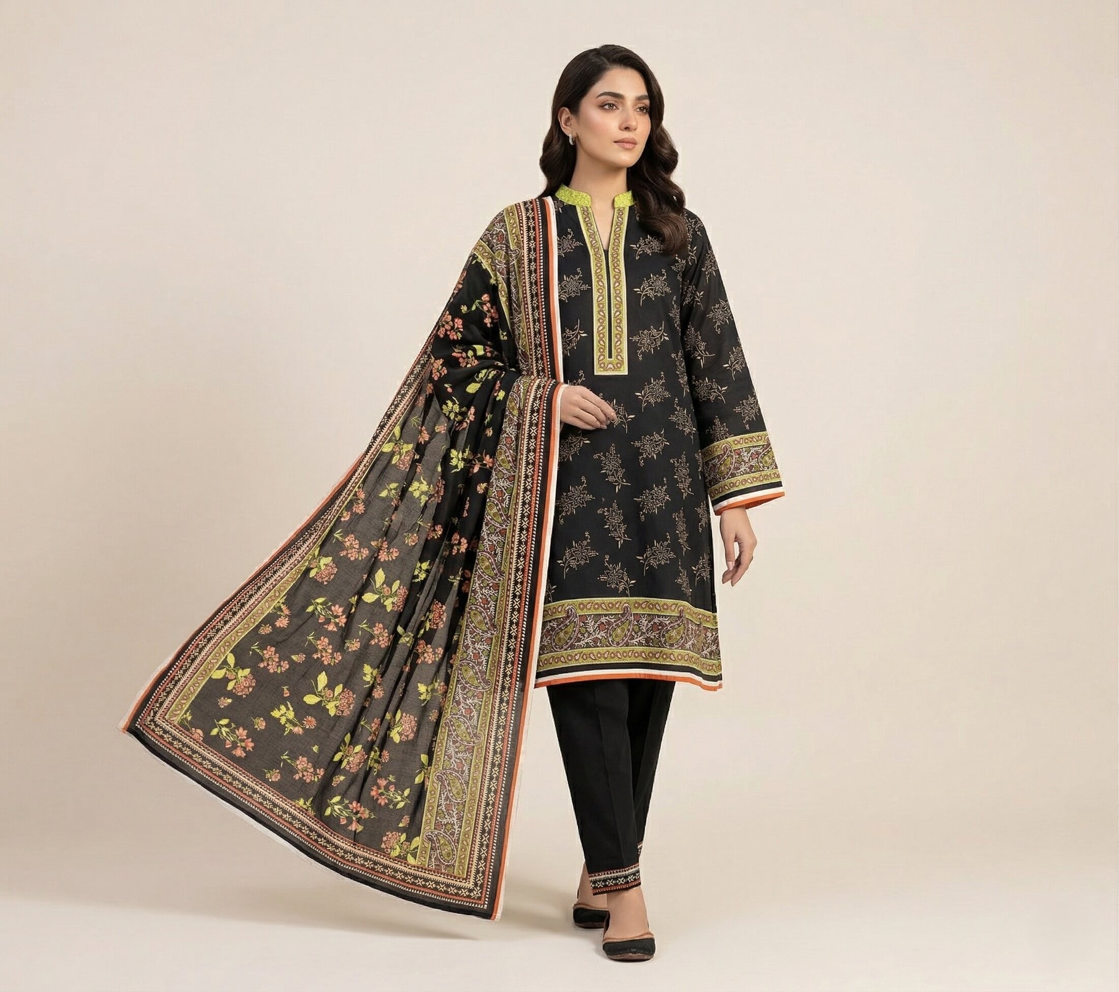 Black Floral Printed 3 Piece Lawn Unstitched Suit – Elegant Contrast Daily Wear | Aabroowear