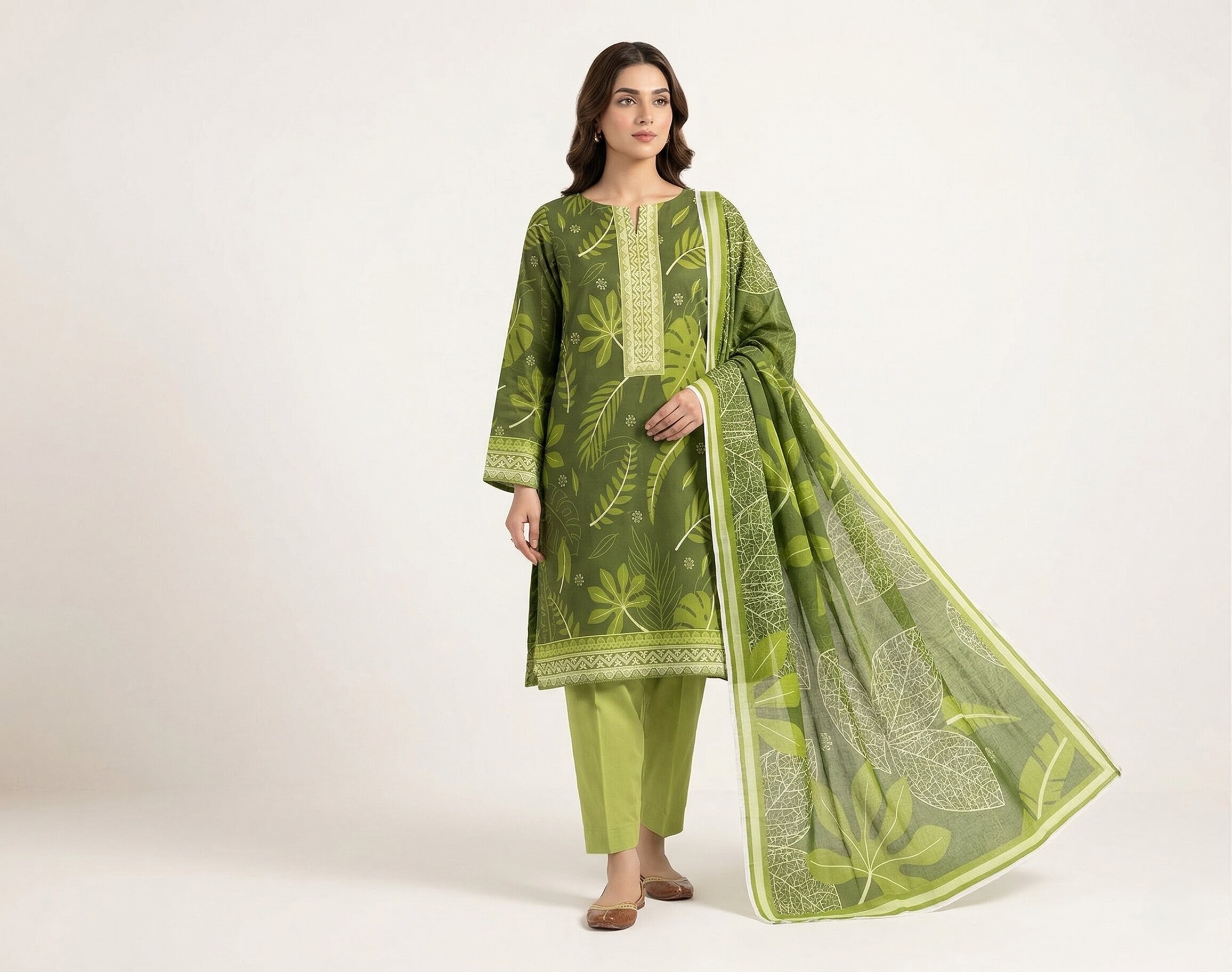 Olive Green Leaf Printed 3 Piece Lawn Unstitched Suit – Fresh Daily Wear | Aabroowear